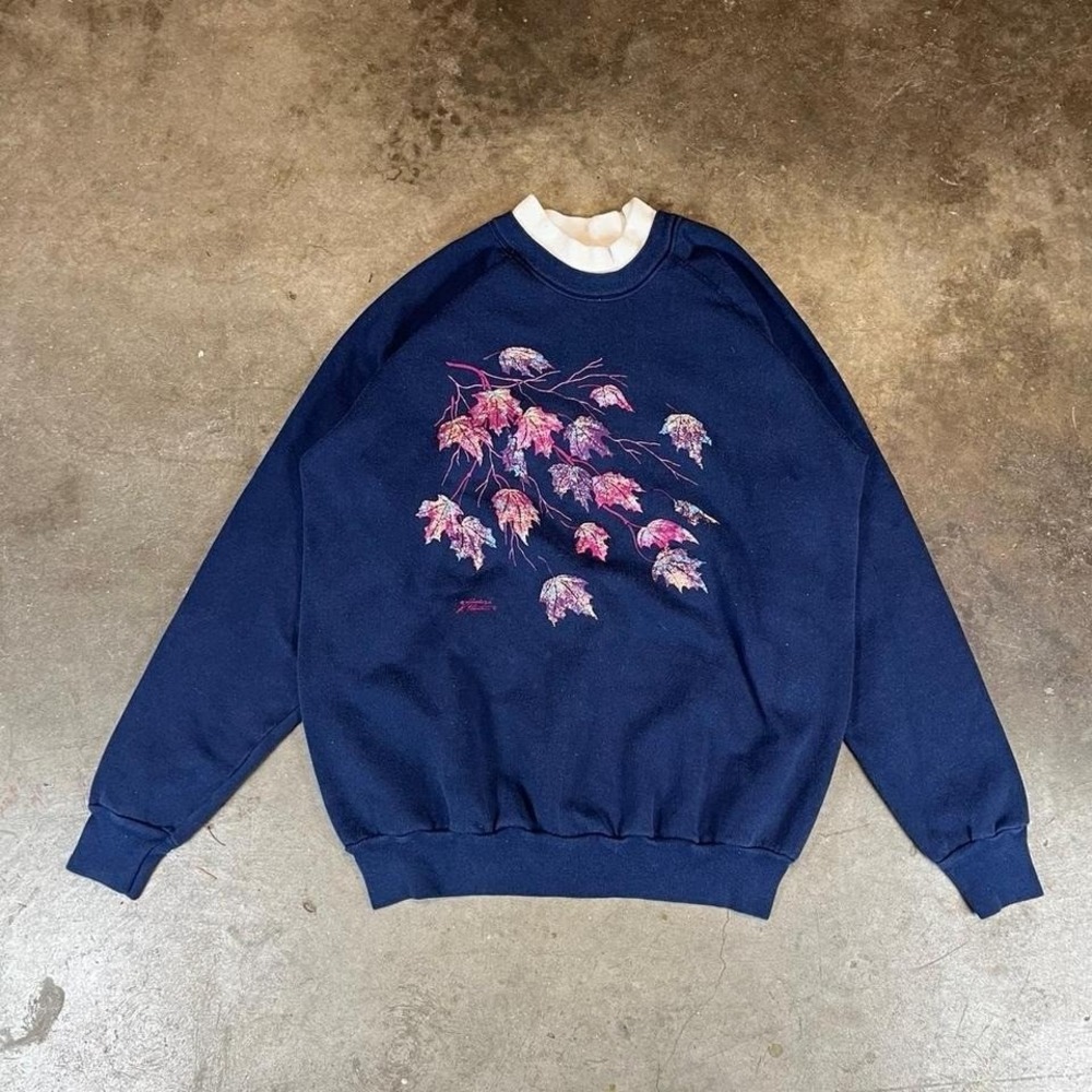 Vintage Morning Sun Navy Blue Maple Leaf Double Collar Sweatshirt 90s Womens L